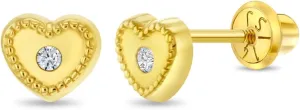 14k Yellow Gold Clear Bezel Set Cubic Zirconia Heart Safety Screw Back Earrings For Little Girls - Extra Small Heart Earrings For Children - Kids Heart Earrings For Girls With Clear CZ
