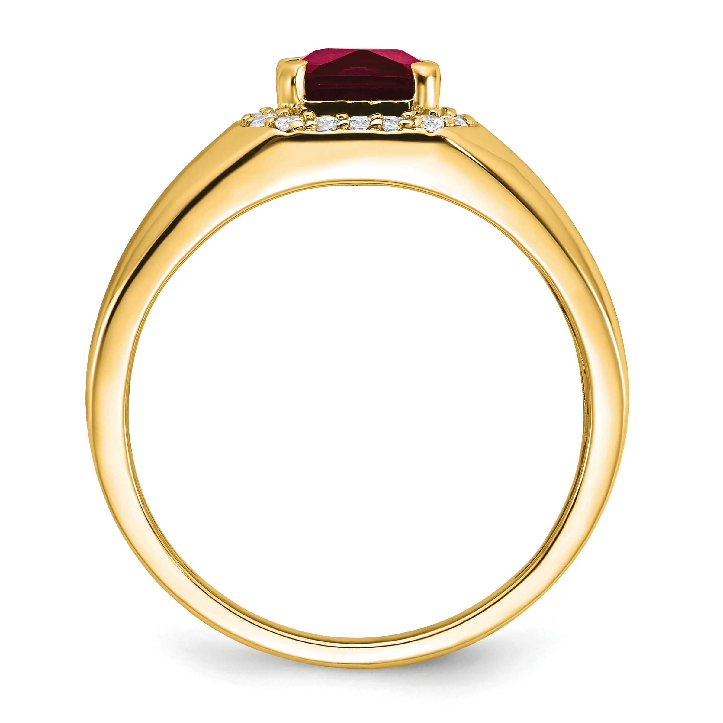 14k Yellow Gold Cushion Created Ruby and Diamond Mens Ring