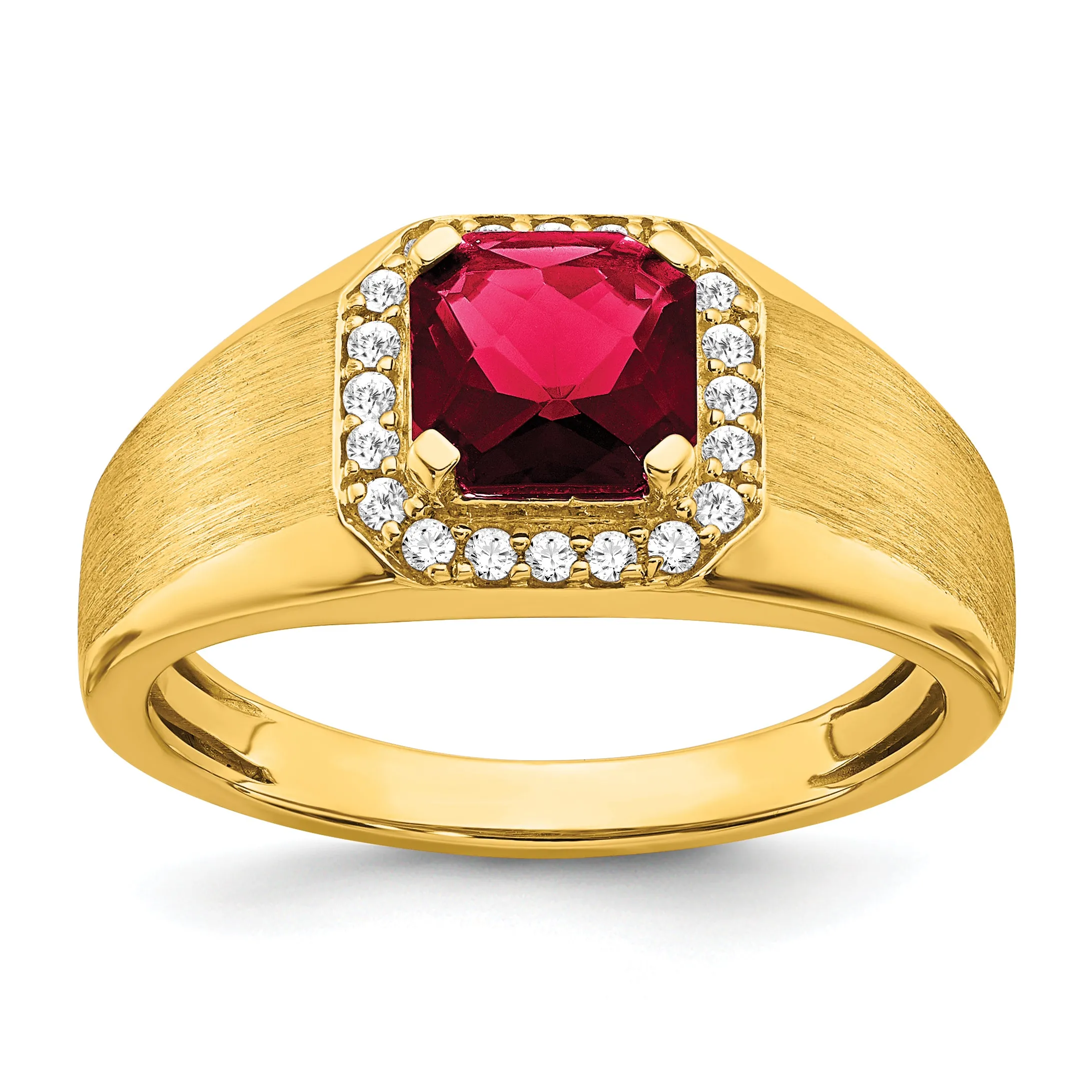 14k Yellow Gold Cushion Created Ruby and Diamond Mens Ring