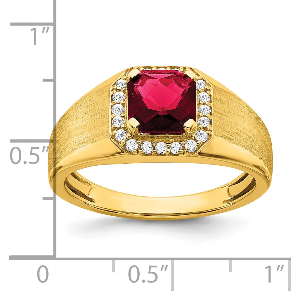 14k Yellow Gold Cushion Created Ruby and Diamond Mens Ring
