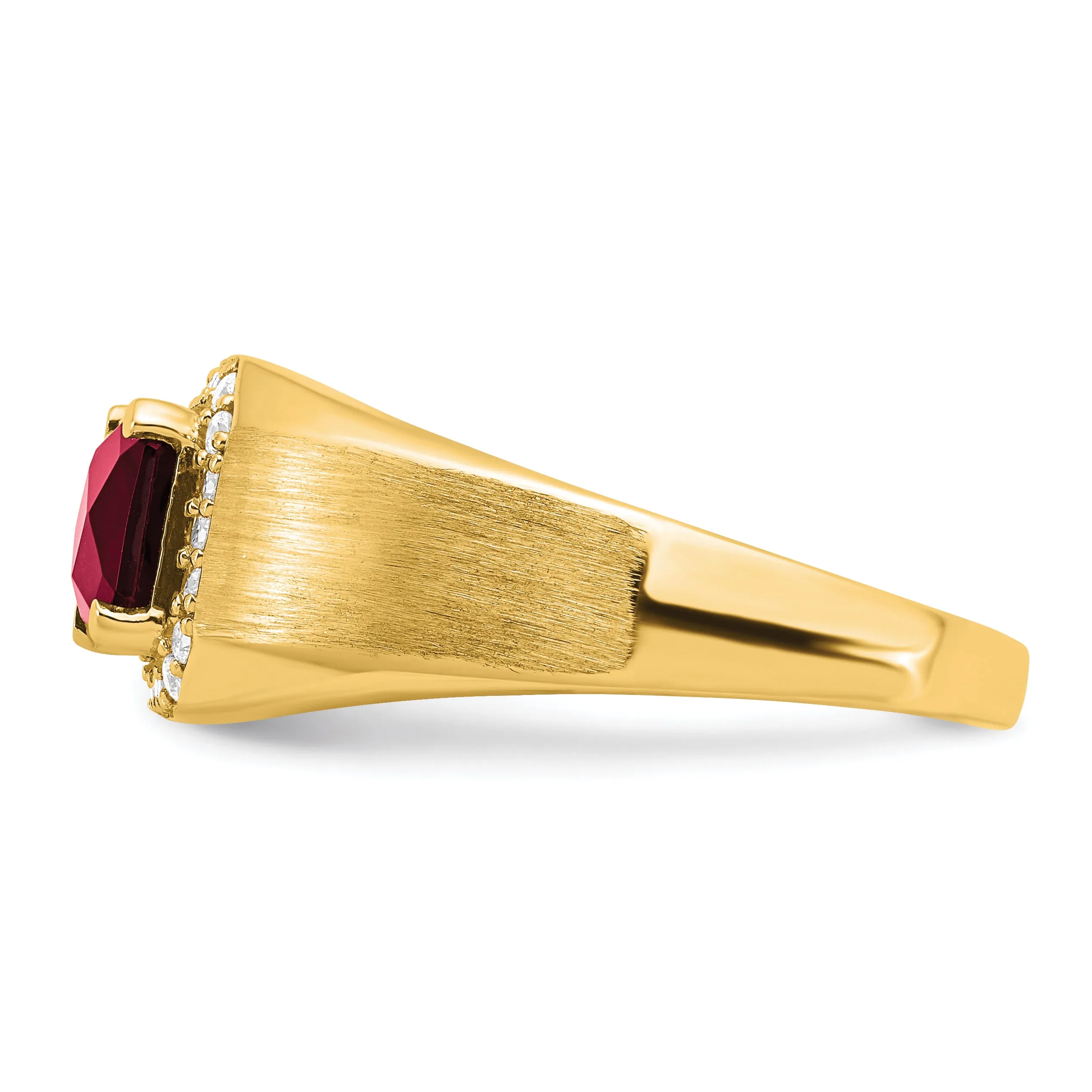 14k Yellow Gold Cushion Created Ruby and Diamond Mens Ring