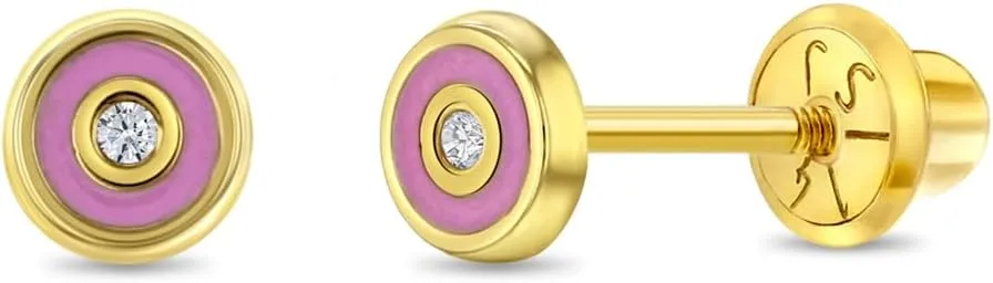 14k Yellow Gold Pink Enamel Round Screw Back Earrings With Clear Cubic Zirconia For Baby Girls and Toddlers - Children's Tiny Pink Earrings For Birthdays - Clear CZ Earrings for Kids