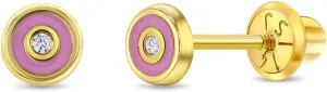 14k Yellow Gold Pink Enamel Round Screw Back Earrings With Clear Cubic Zirconia For Baby Girls and Toddlers - Children's Tiny Pink Earrings For Birthdays - Clear CZ Earrings for Kids
