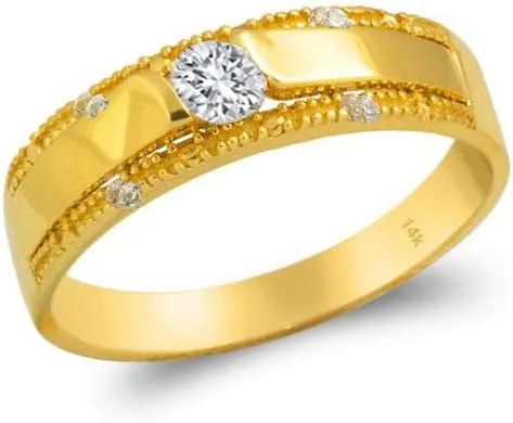 14k Yellow Gold Trio Ring Set - 3 Piece Wedding His Engagement Her Band Rings Sets - Round Cubic Zirconia CZ for Couple Mens and Women - Anillos de Matrimonio