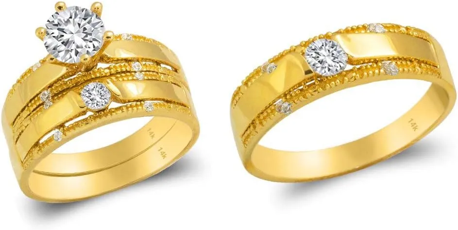14k Yellow Gold Trio Ring Set - 3 Piece Wedding His Engagement Her Band Rings Sets - Round Cubic Zirconia CZ for Couple Mens and Women - Anillos de Matrimonio