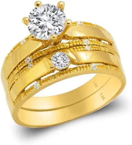 14k Yellow Gold Trio Ring Set - 3 Piece Wedding His Engagement Her Band Rings Sets - Round Cubic Zirconia CZ for Couple Mens and Women - Anillos de Matrimonio
