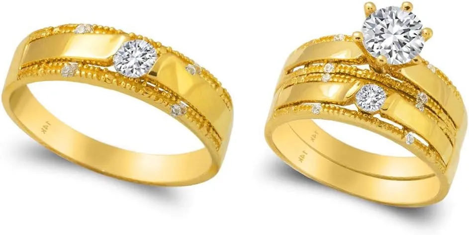14k Yellow Gold Trio Ring Set - 3 Piece Wedding His Engagement Her Band Rings Sets - Round Cubic Zirconia CZ for Couple Mens and Women - Anillos de Matrimonio