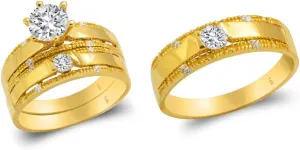 14k Yellow Gold Trio Ring Set - 3 Piece Wedding His Engagement Her Band Rings Sets - Round Cubic Zirconia CZ for Couple Mens and Women - Anillos de Matrimonio