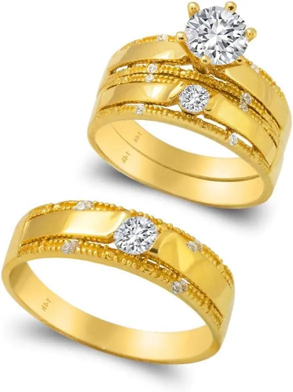 14k Yellow Gold Trio Ring Set - 3 Piece Wedding His Engagement Her Band Rings Sets - Round Cubic Zirconia CZ for Couple Mens and Women - Anillos de Matrimonio