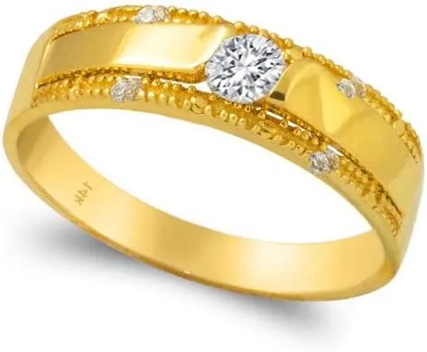 14k Yellow Gold Trio Ring Set - 3 Piece Wedding His Engagement Her Band Rings Sets - Round Cubic Zirconia CZ for Couple Mens and Women - Anillos de Matrimonio