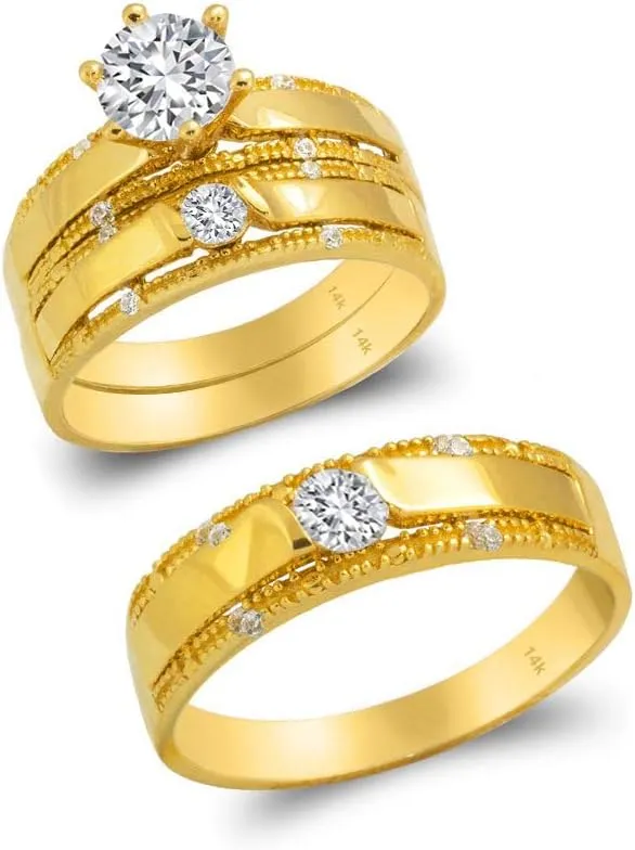 14k Yellow Gold Trio Ring Set - 3 Piece Wedding His Engagement Her Band Rings Sets - Round Cubic Zirconia CZ for Couple Mens and Women - Anillos de Matrimonio