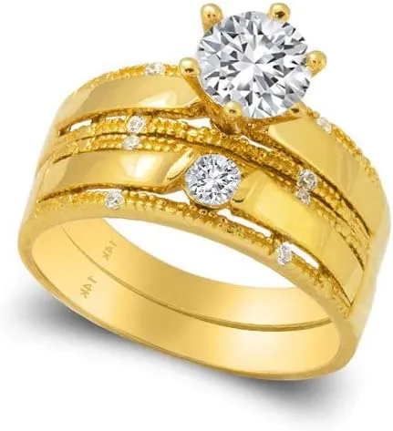 14k Yellow Gold Trio Ring Set - 3 Piece Wedding His Engagement Her Band Rings Sets - Round Cubic Zirconia CZ for Couple Mens and Women - Anillos de Matrimonio