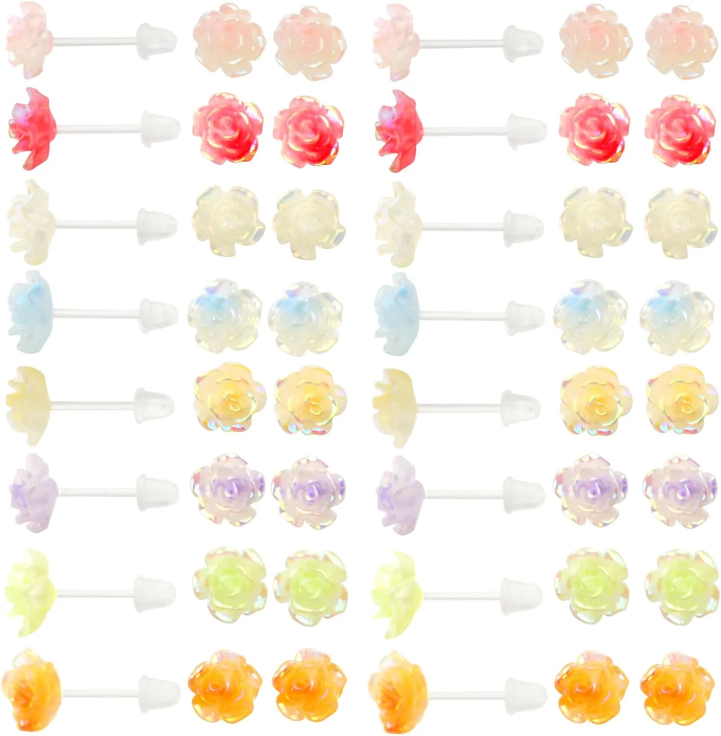 16 Pairs 8 mm Hypoallergenic Resin Stud Earrings 8 Colors Rose Flower Plastic Earring Posts with Clear Soft Earring Backs for Sensitive Ears Daily Sports Birthday Party