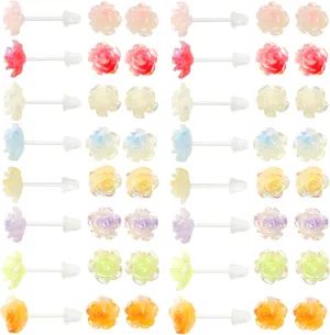 16 Pairs 8 mm Hypoallergenic Resin Stud Earrings 8 Colors Rose Flower Plastic Earring Posts with Clear Soft Earring Backs for Sensitive Ears Daily Sports Birthday Party