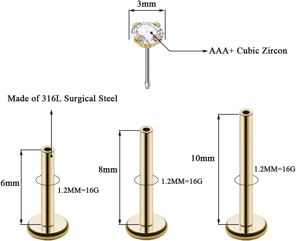 16G 18G 20G Threadless Push in Lip Ring for Women Men Black Stainless Steel CZ Top Labret Stud Jewelry for Nose Tragus Helix Cartilage Monroe Piercing Jewelry 6mm 8mm 10mm