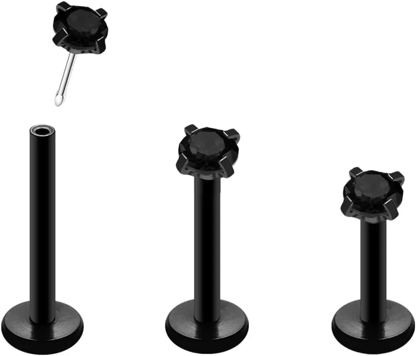 16G 18G 20G Threadless Push in Lip Ring for Women Men Black Stainless Steel CZ Top Labret Stud Jewelry for Nose Tragus Helix Cartilage Monroe Piercing Jewelry 6mm 8mm 10mm