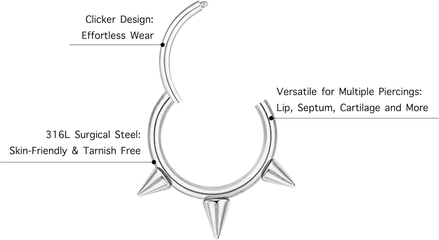 16G 2PCs Spike Clicker Snake Bite Jewelry, Septum Ring, Hoop Lip Rings Snake Bites, Labret Jewelry for Lip Piercing, Cartilage Hoop Earrings, 8mm 10mm 12mm