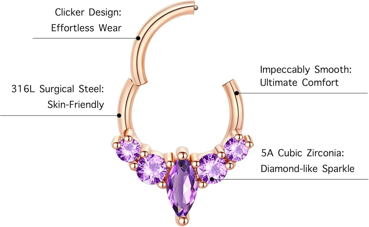 16G Gemstone Septum Ring Jewelry for Septum Piercing Surgical Steel, CZ Daith Earring Jewelry for Daith Piercing