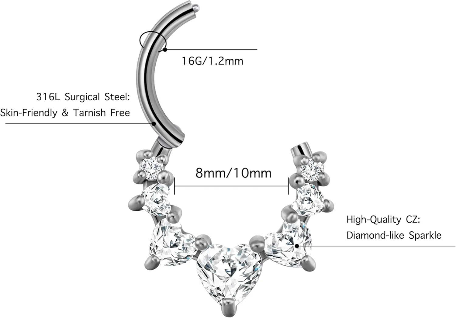 16G Heart CZ Septum Ring Surgical Steel Daith Earring, Gold/Silver Septum Jewelry for Septum Piercing, Septum Clicker Daith Piercing Jewelry 16 Gauge 8mm/10mm