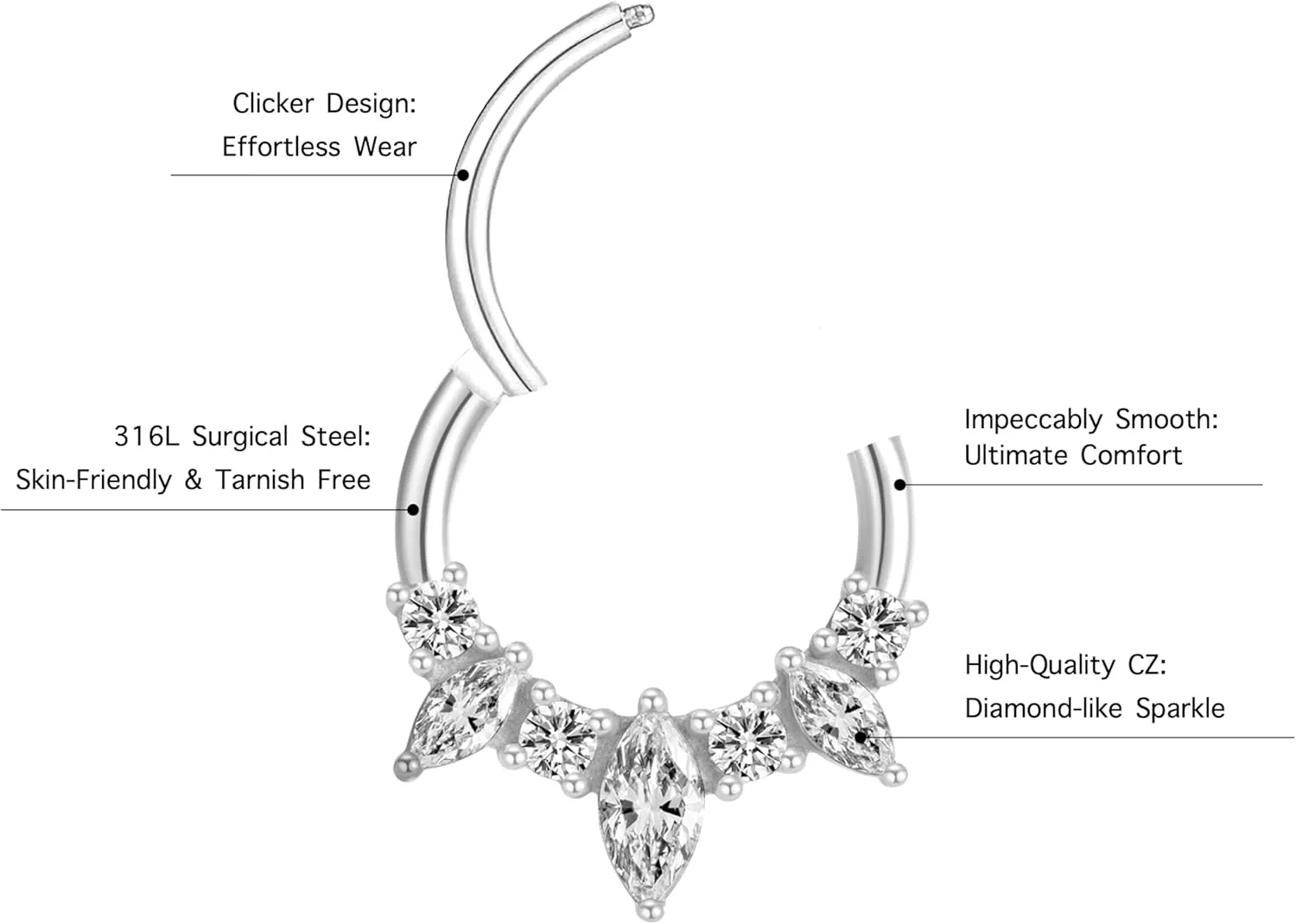 16G Septum Ring Surgical Steel Daith Earring, CZ Gemstone Septum Clicker Daith Piercing Jewelry