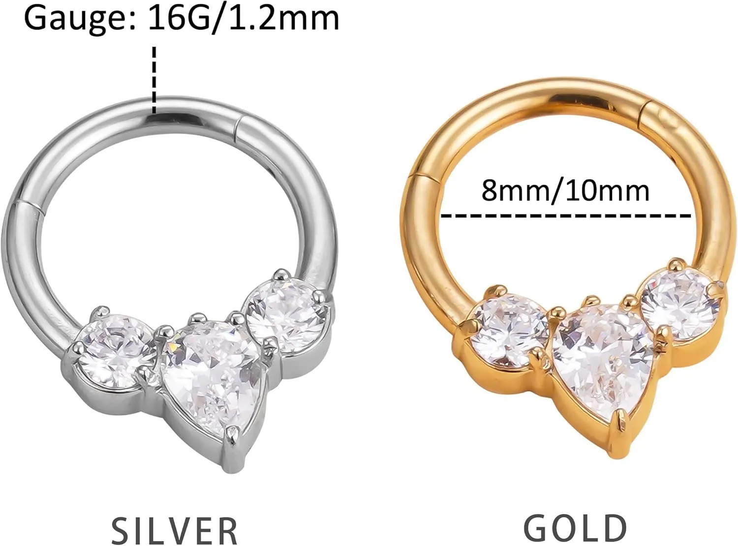 16G Septum Ring Surgical Steel Daith Earring, Gold Septum Jewelry for Septum Piercing, CZ Gemstone Septum Clicker Daith Piercing Jewelry 16 Gauge 8mm 10mm
