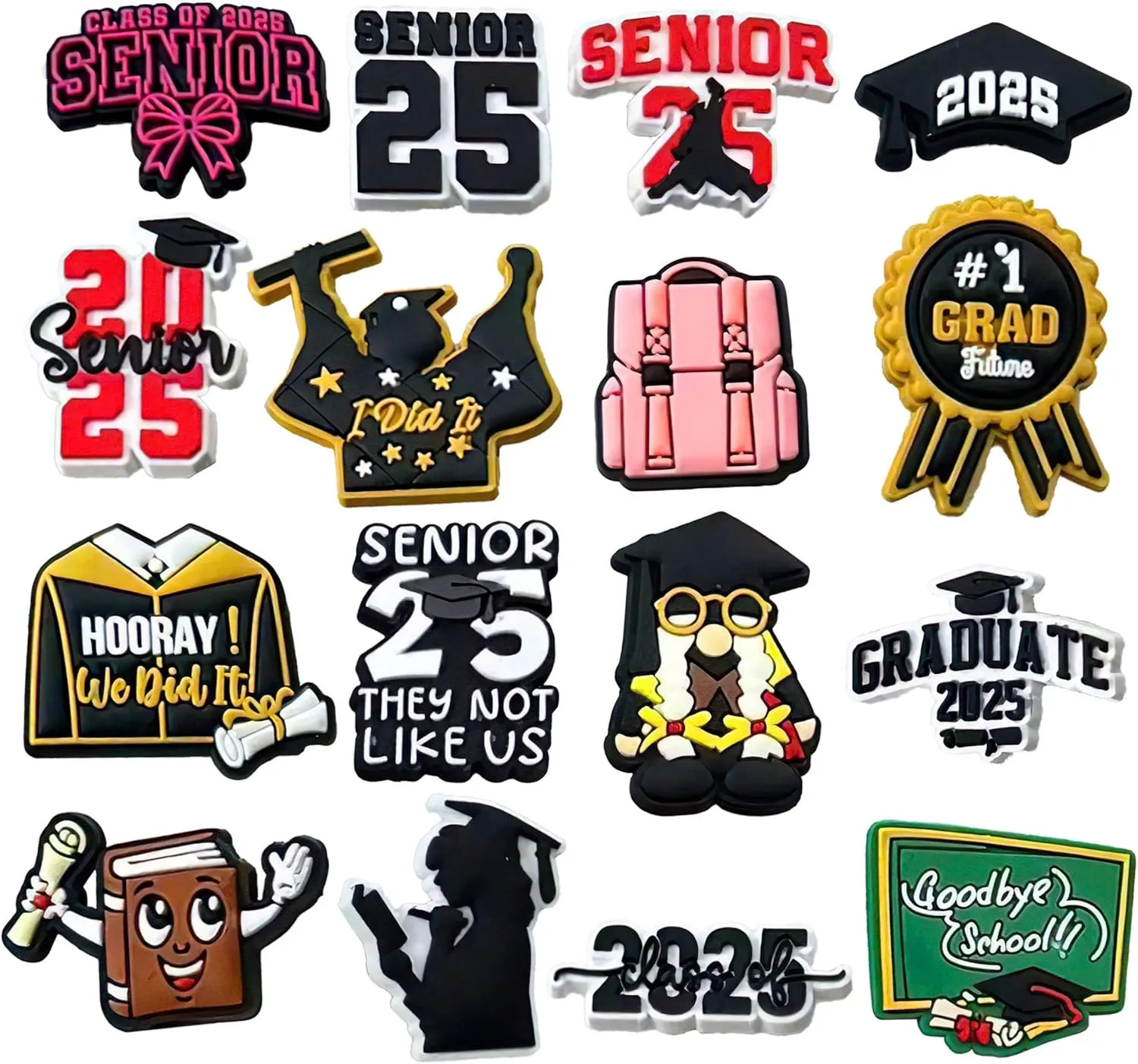 16PCS Graduation Shoe Charms, Senior Graduate Class Of Congrats 2025 Shoes Charm, Graduation Hat Cap PVC Shoe Decorations, Buckle Accessories, Clog Pins, Charms Buttons for Students, Teachers, and School Gifts Boys, Kids, Girls, Women