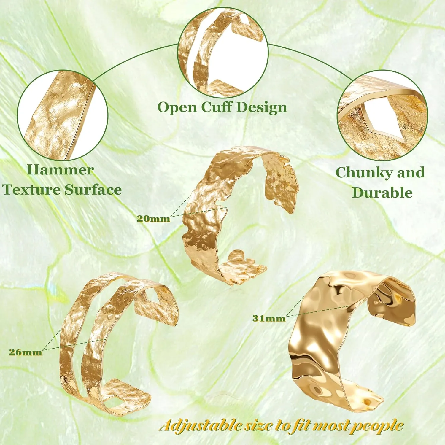 18K Gold Plated Hammered Cuff Bangle Bracelet for Women Irregular Chunky Cuff Bracelets Wide Open Cuff Wrap Bracelet Adjustable Statement Bracelet