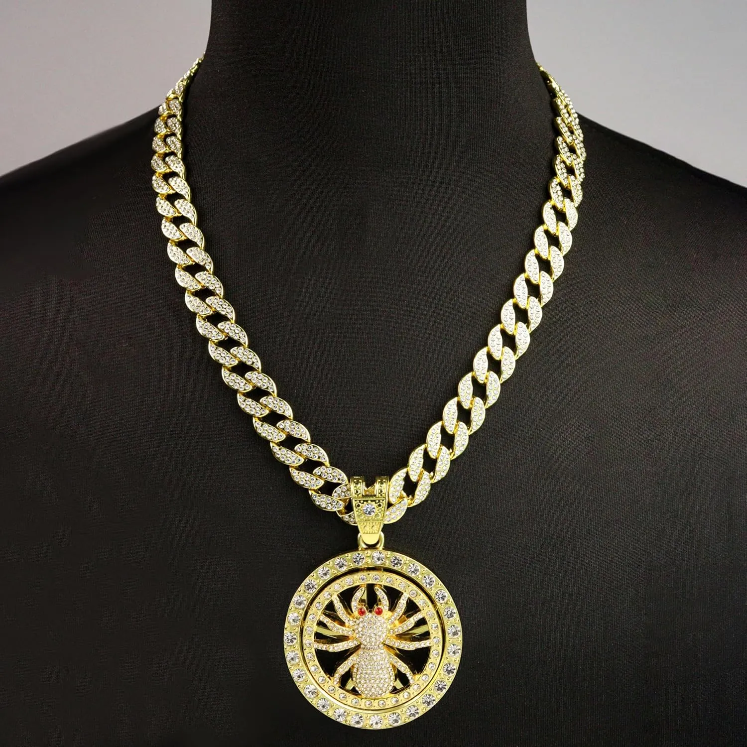 18K Gold Silver Plated Diamond Cuban Link Chain Necklace with Round Spinner Rotatable Spider Cross Windmill Pendant, Men Hip Hop Shiny Rhinestone Pendant Necklace Jewelry