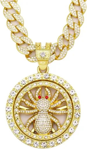 18K Gold Silver Plated Diamond Cuban Link Chain Necklace with Round Spinner Rotatable Spider Cross Windmill Pendant, Men Hip Hop Shiny Rhinestone Pendant Necklace Jewelry