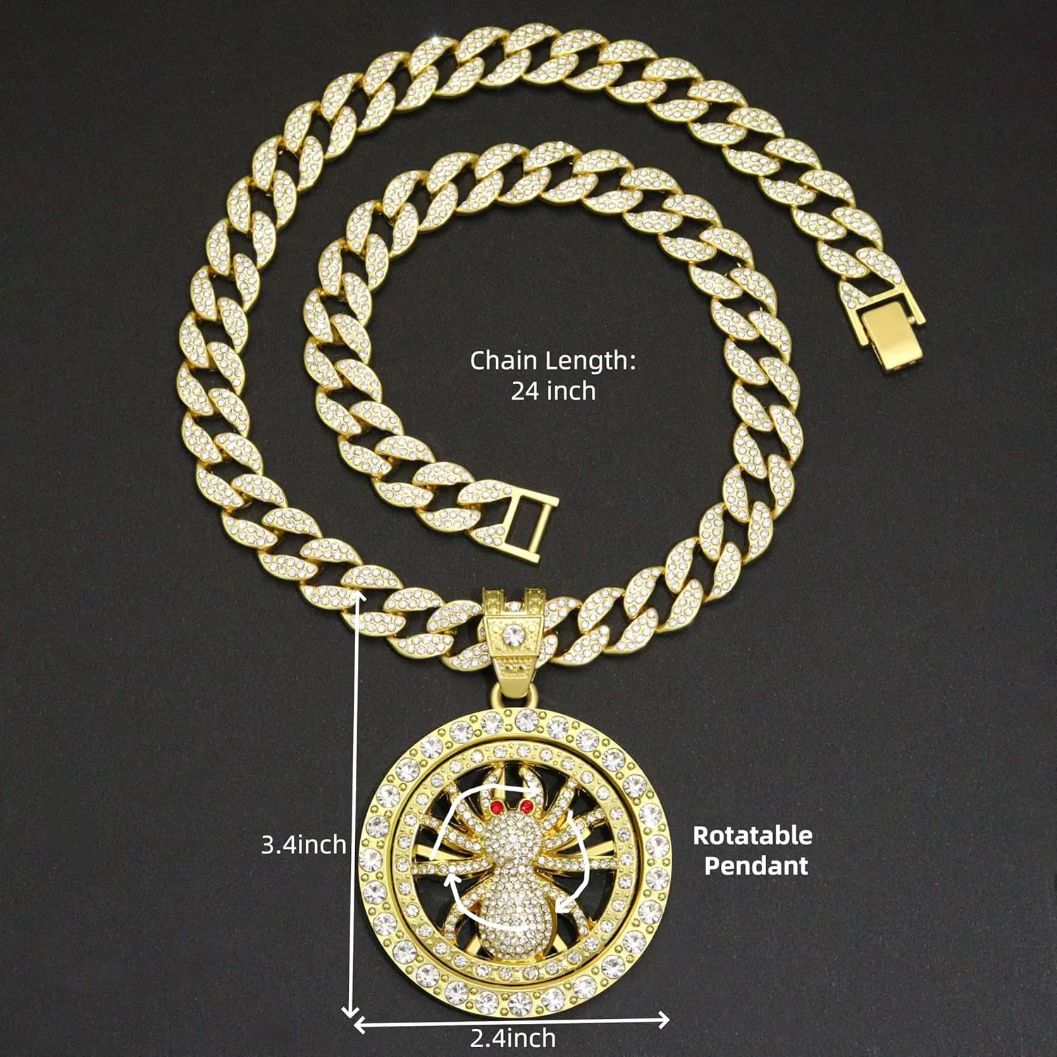 18K Gold Silver Plated Diamond Cuban Link Chain Necklace with Round Spinner Rotatable Spider Cross Windmill Pendant, Men Hip Hop Shiny Rhinestone Pendant Necklace Jewelry