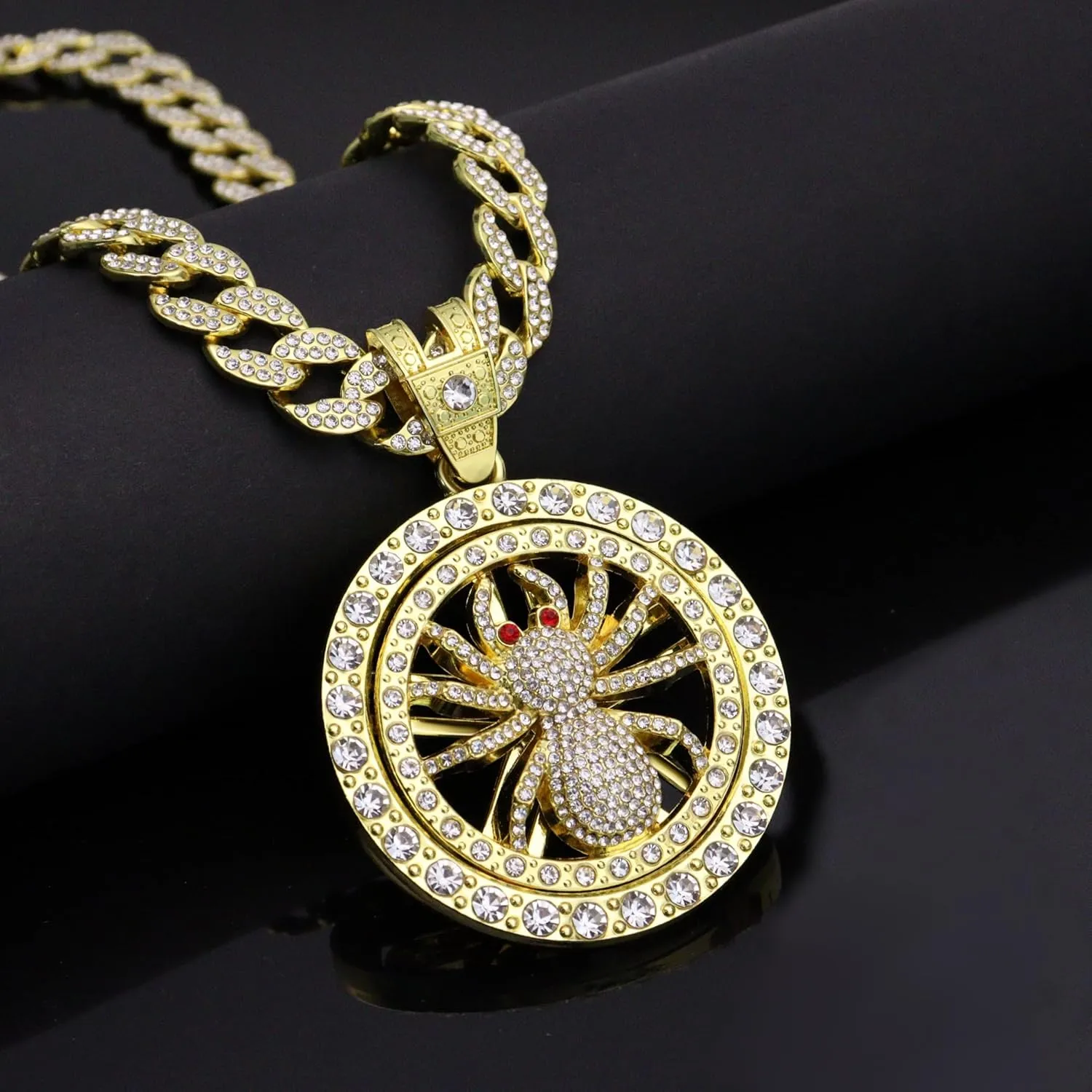18K Gold Silver Plated Diamond Cuban Link Chain Necklace with Round Spinner Rotatable Spider Cross Windmill Pendant, Men Hip Hop Shiny Rhinestone Pendant Necklace Jewelry