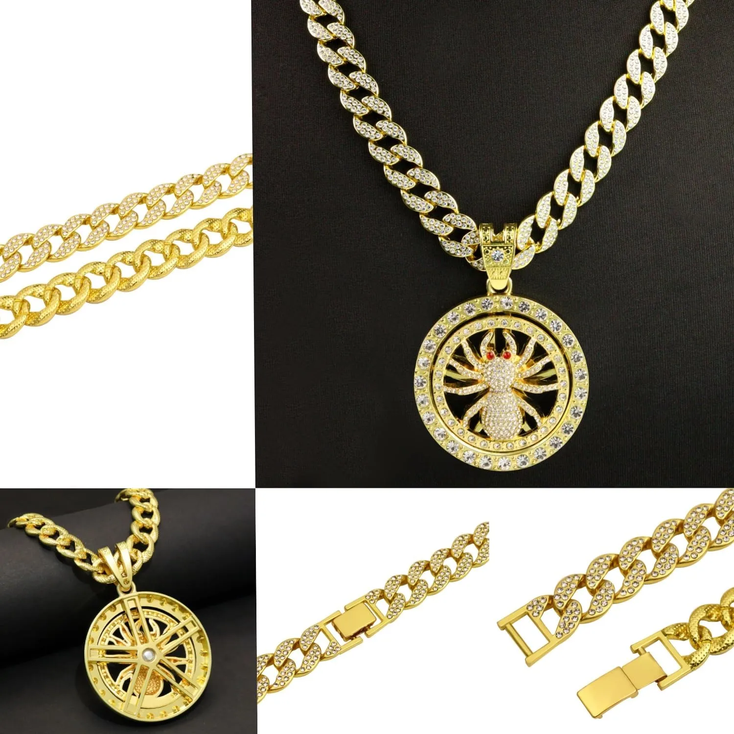 18K Gold Silver Plated Diamond Cuban Link Chain Necklace with Round Spinner Rotatable Spider Cross Windmill Pendant, Men Hip Hop Shiny Rhinestone Pendant Necklace Jewelry