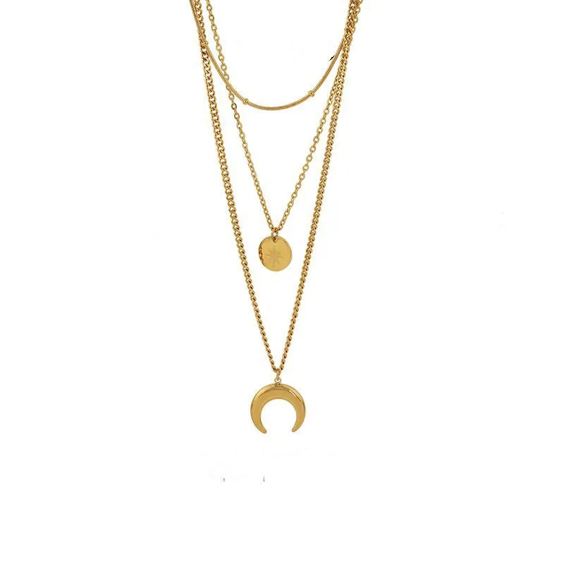 18K Gold Three Layer Star Moon Design Pendant Necklace Stainless Steel
