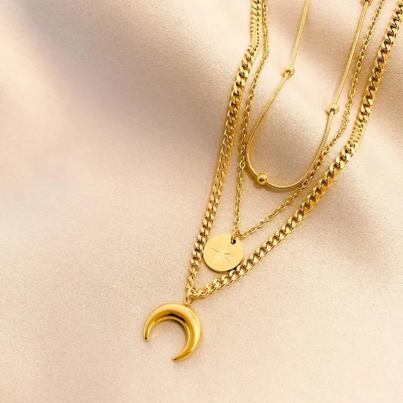 18K Gold Three Layer Star Moon Design Pendant Necklace Stainless Steel