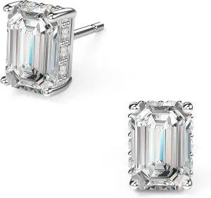 18K White Gold Plated Sterling Silver Emerald Cut Cubic Zirconia Stud Earrings Clear CZ Diamond Stud Earrings for Women Men Hypoallergenic