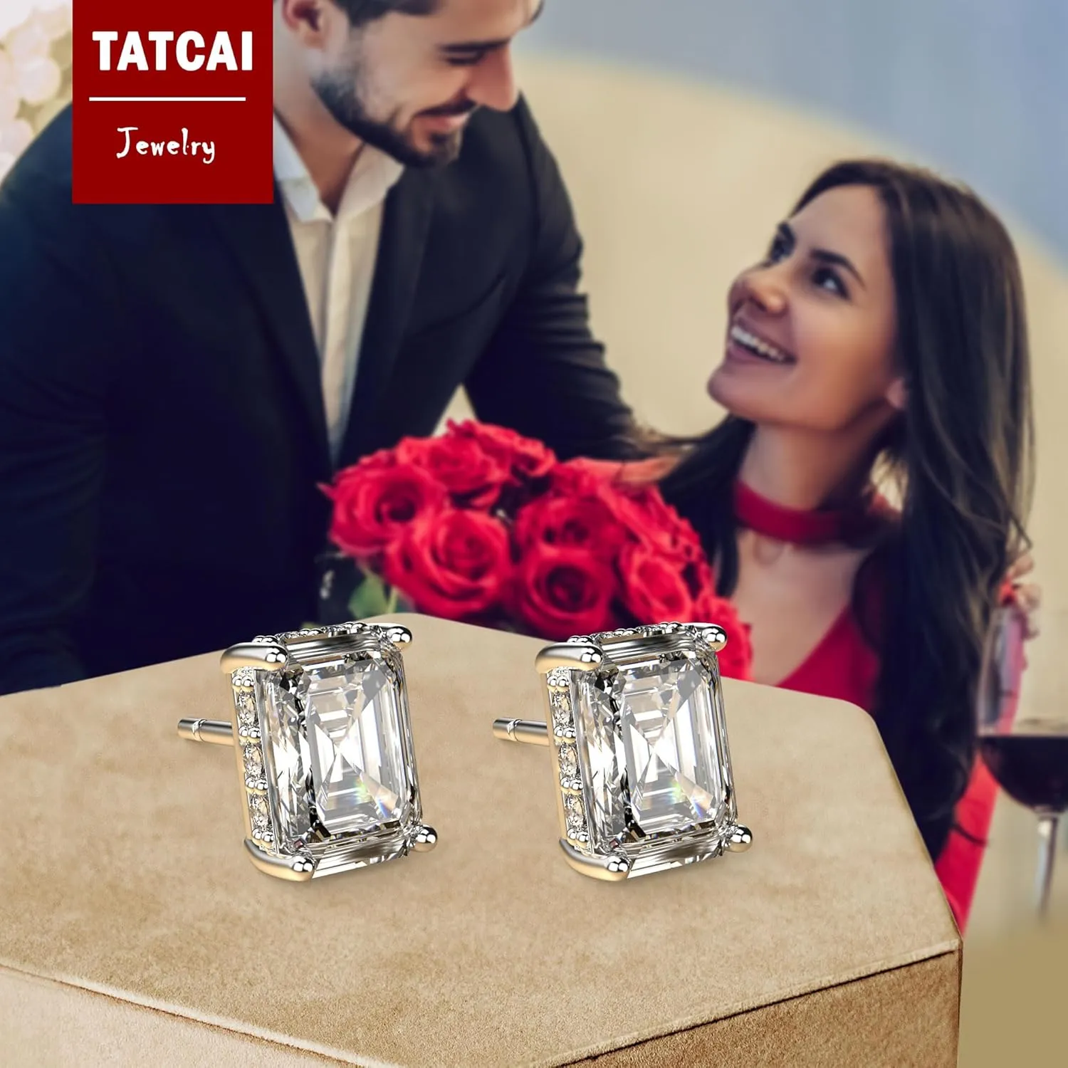18K White Gold Plated Sterling Silver Emerald Cut Cubic Zirconia Stud Earrings Clear CZ Diamond Stud Earrings for Women Men Hypoallergenic