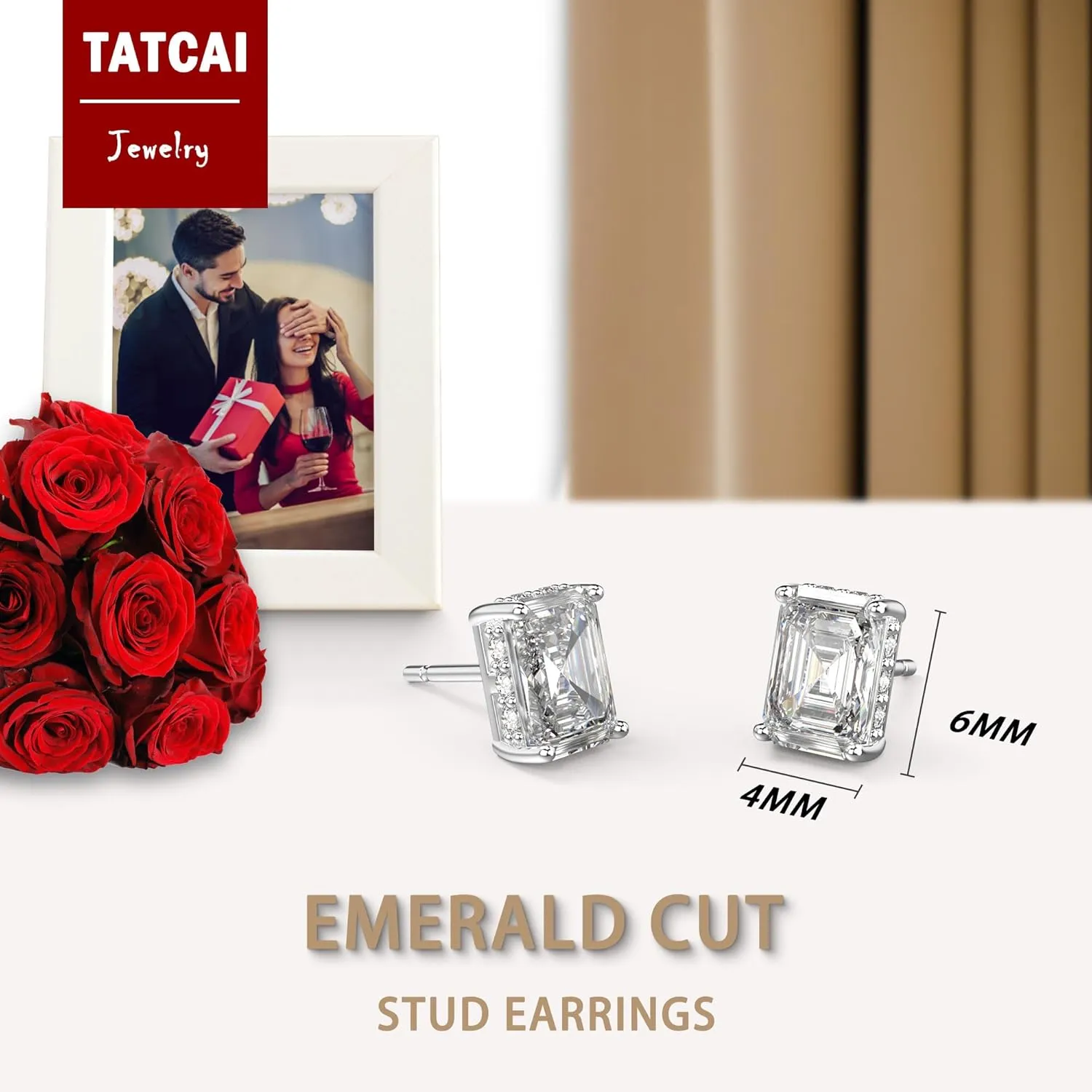 18K White Gold Plated Sterling Silver Emerald Cut Cubic Zirconia Stud Earrings Clear CZ Diamond Stud Earrings for Women Men Hypoallergenic