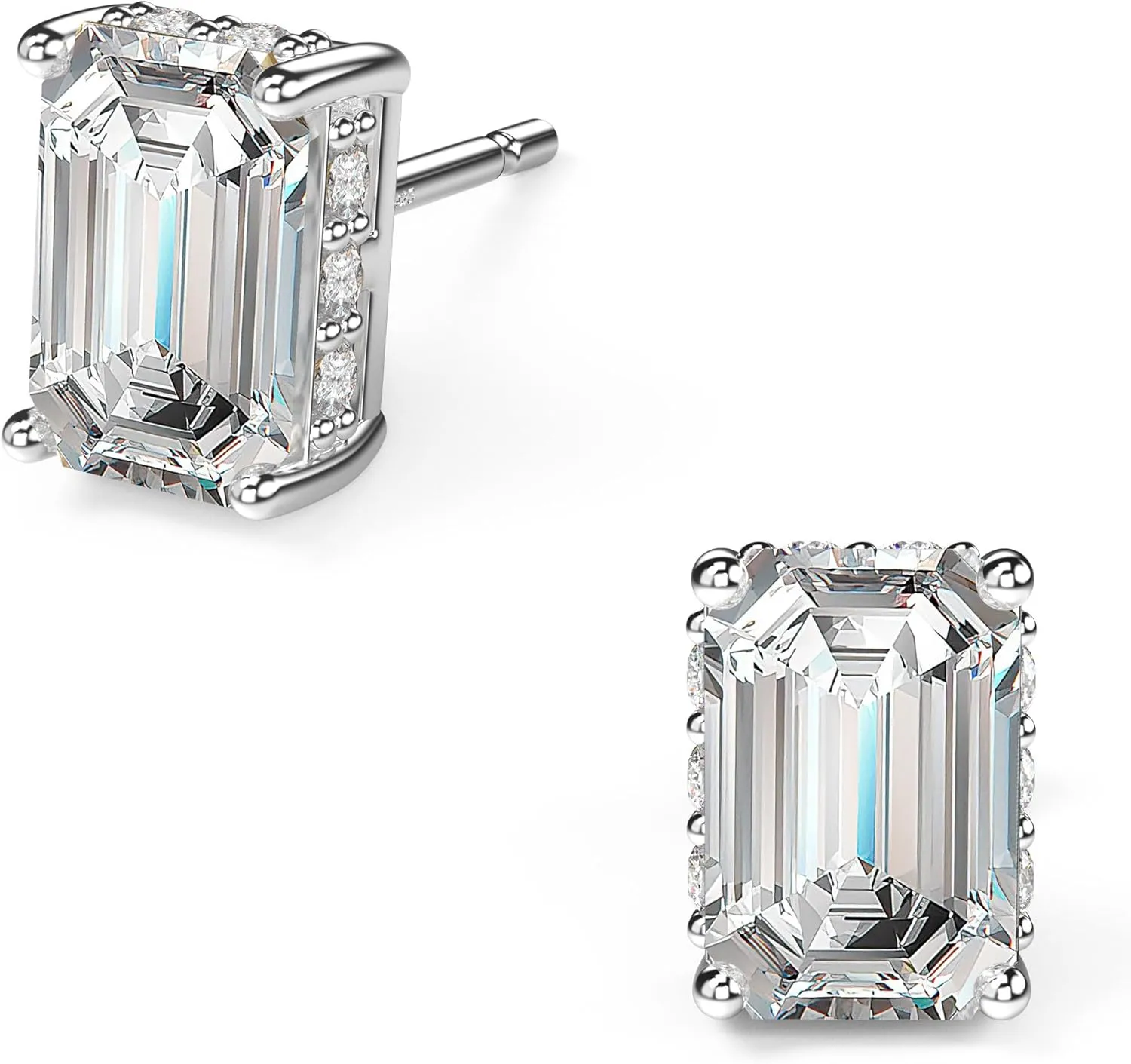 18K White Gold Plated Sterling Silver Emerald Cut Cubic Zirconia Stud Earrings Clear CZ Diamond Stud Earrings for Women Men Hypoallergenic