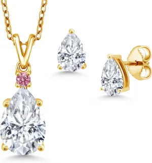18K Yellow Gold Plated Silver Moissanite and Pink Lab Grown Diamond Pendant and Earrings Jewelry Set For Women | 4.47 Cttw | Gemstone Birthstone | Pear Shape 12X8MM and 7X5MM | with 18 Inch Chain