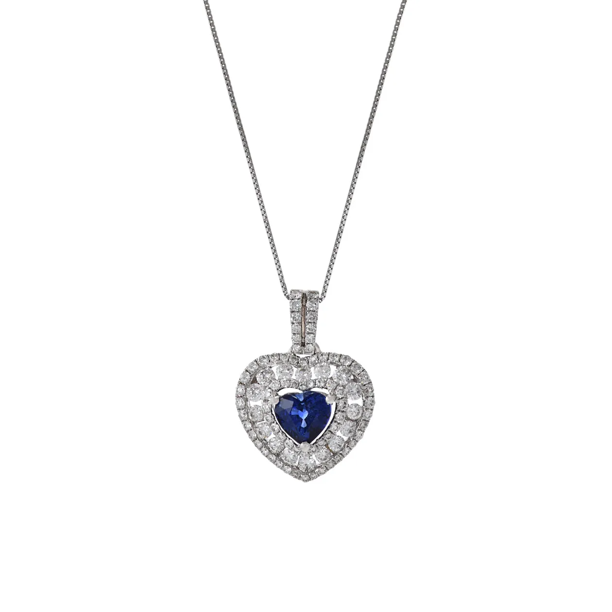 18KT White Gold Heart Shaped Blue Sapphire and Diamond Pendant