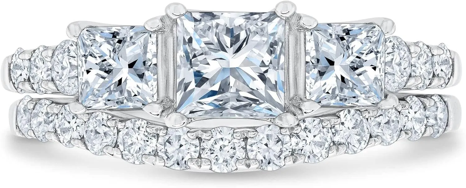 2 Carat 3 Stone Princess cut Bridal Set Moissanite Engagement Rings for Women Platinum Plated Silver Princess Moissanite Rings