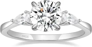 2 CT Moissanite Engagement Rings for Women D Color VVS1 Clarity 925 Sterling Silver Solitaire Round Cut 3-Stone Wedding Stunning Promise Rings for Her Size 3-11