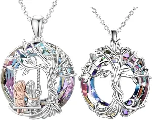 2 PC Tree of Life Pendant   Swinging Necklace, Silver Chain, Rainbow Crystal Accents, Vintage Swing Design