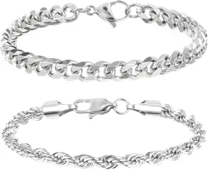 2 PCS Silver Bracelet for Men, Mens Silver Bracelet Chain, Metal Bracelets for Birthdays Father's Day Gift to Men Dad Husbands Boyfriends