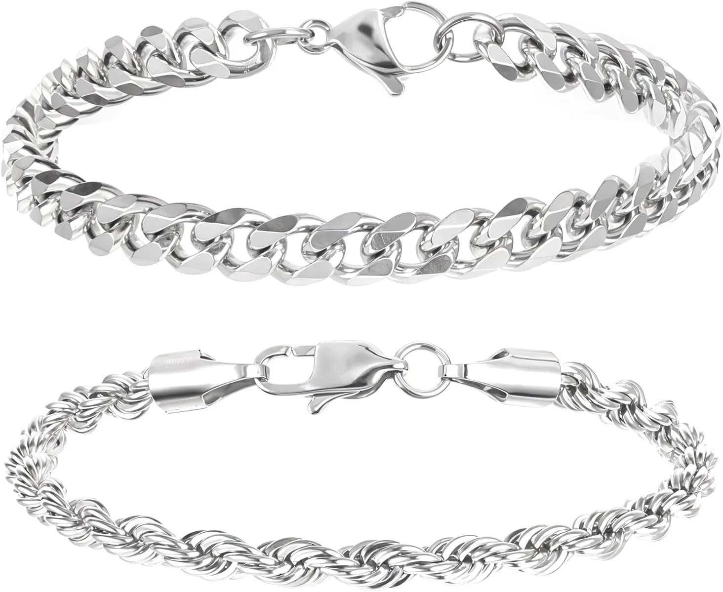 2 PCS Silver Bracelet for Men, Mens Silver Bracelet Chain, Metal Bracelets for Birthdays Father's Day Gift to Men Dad Husbands Boyfriends
