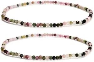 2 Pcs/Set 2mm 3mm 4mm Trendy Genuine Real Multi Color Tourmaline Gemstone Bracelet, Faceted Round Stretch Beaded Bracelets for Women Men