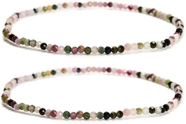 2 Pcs/Set 2mm 3mm 4mm Trendy Genuine Real Multi Color Tourmaline Gemstone Bracelet, Faceted Round Stretch Beaded Bracelets for Women Men