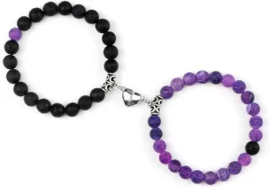 2 Pieces Heart Couples Bracelet Jewelry Sets for Women Unisex Purple Black Stone Beaded Stretch Bracelets for 2 Matching Friend BFF Friendship