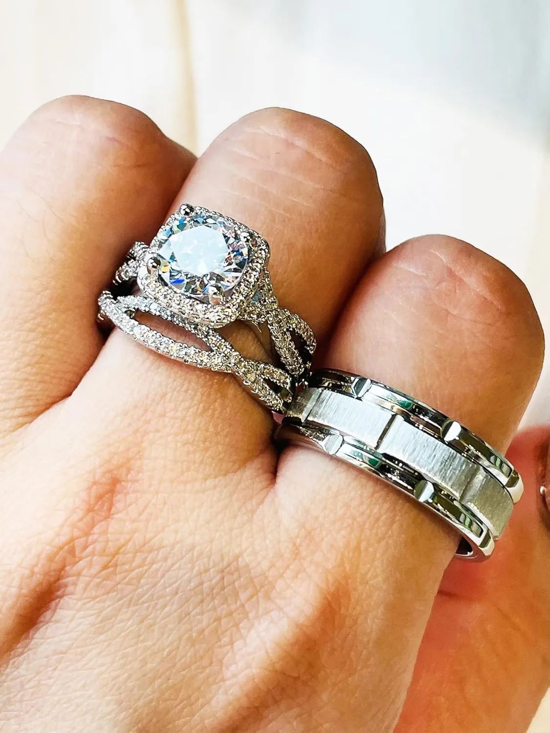 2.2ct Wedding Rings for Women Cubic Zirconia Bridal Couple Engagement Ring Sets His Hers Men Titanium Wedding Bands