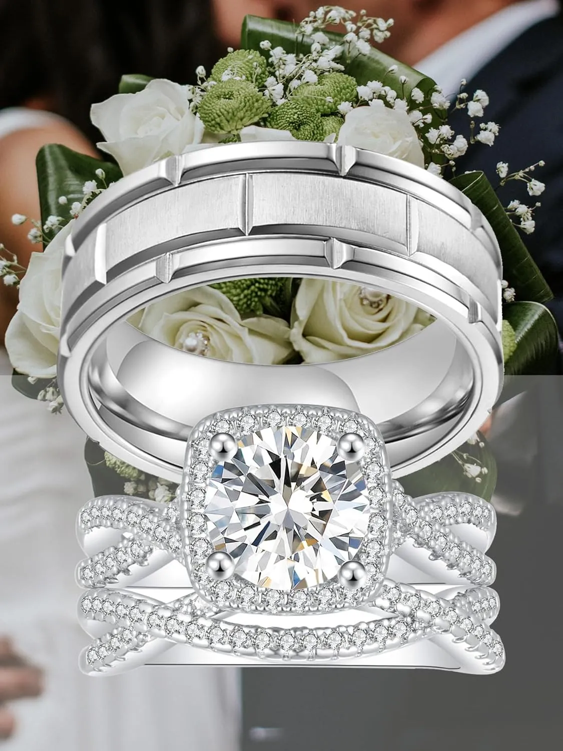 2.2ct Wedding Rings for Women Cubic Zirconia Bridal Couple Engagement Ring Sets His Hers Men Titanium Wedding Bands